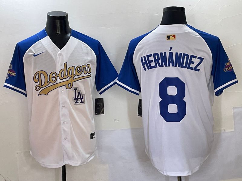 Men Los Angeles Dodgers 8 Hernandez White Blue Champion gold character Nike 2025 MLB Jersey style 50410